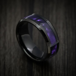 Black Tungsten Men's Ring with Purple Cypraea Tigris Inlay