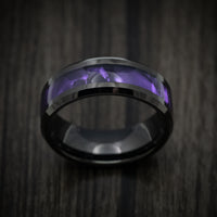 Black Tungsten Men's Ring with Purple Cypraea Tigris Inlay