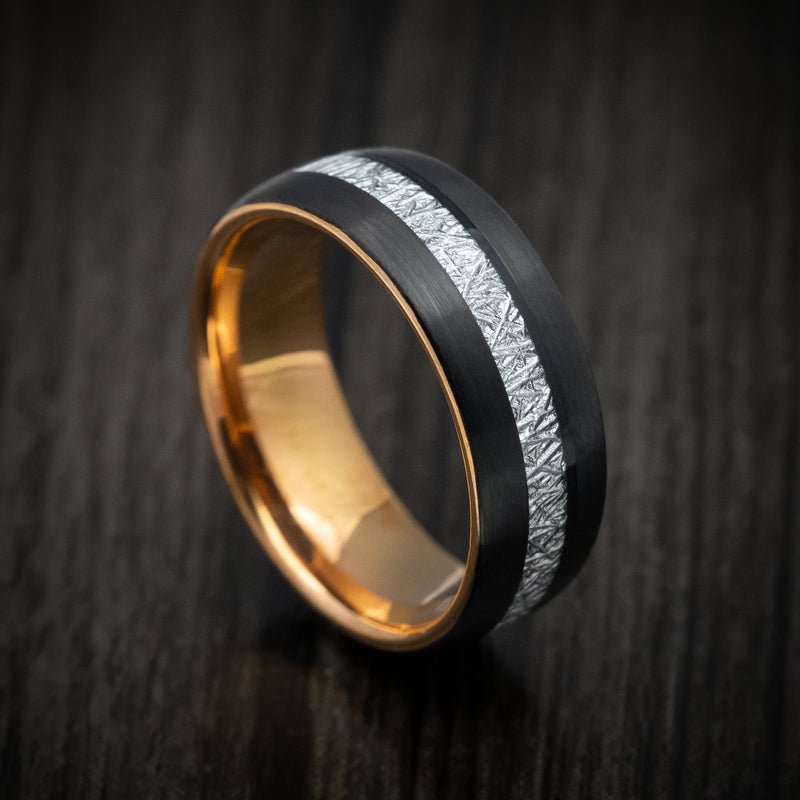 Black and Rose Gold Tungsten Men's Ring with Faux Meteorite Inlay