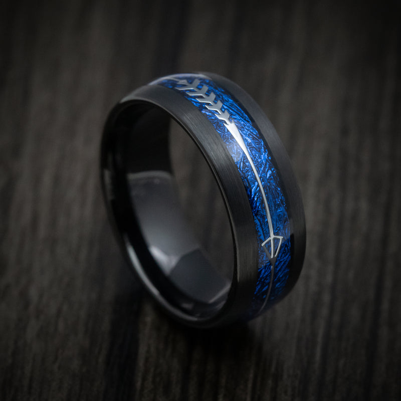 Black Tungsten Men's Ring with Blue Anodized Arrow Inlay