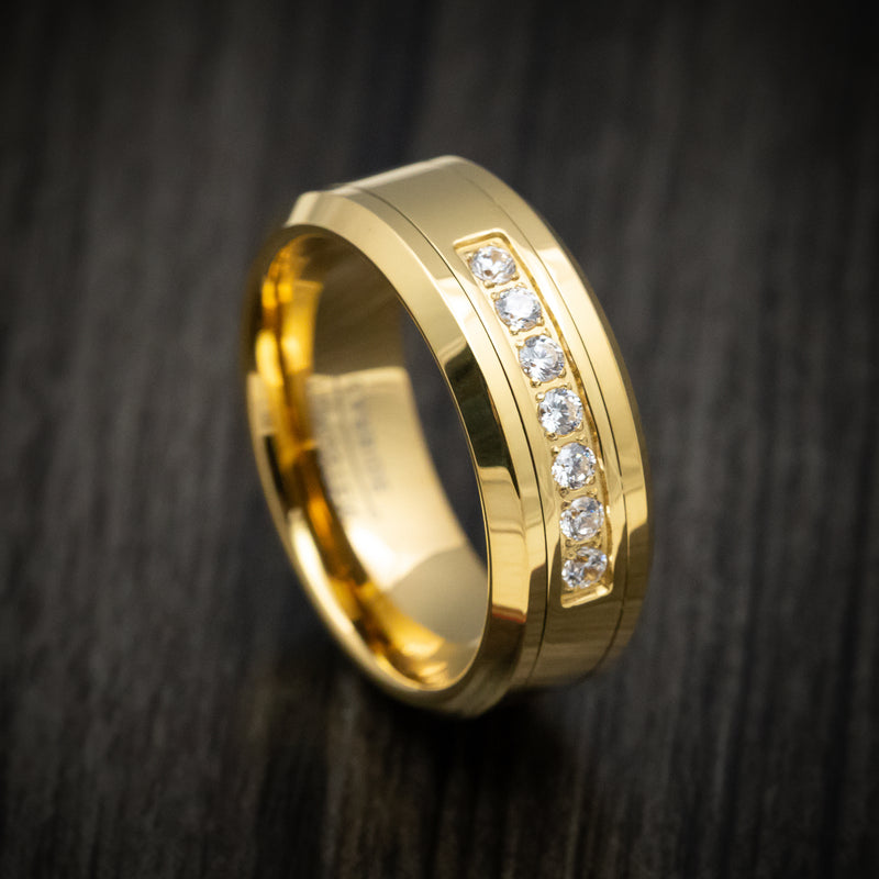 Yellow Gold Tungsten Men's Ring with White Stones