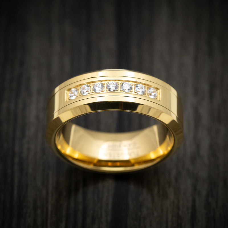 Yellow Gold Tungsten Men's Ring with White Stones