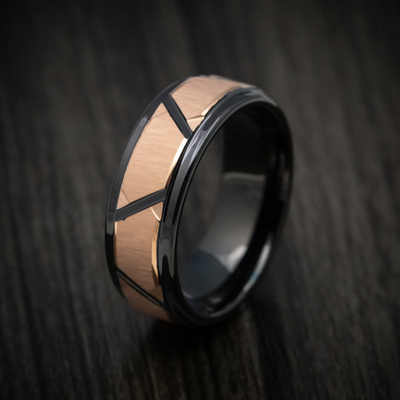 Black Tungsten Men's Ring with Rose Gold Geometric Pattern