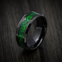Black Tungsten Men's Ring with Celtic Green Dragon Inlay