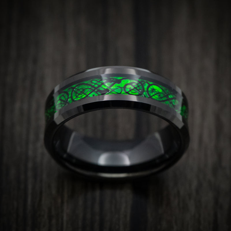 Black Tungsten Men's Ring with Celtic Green Dragon Inlay
