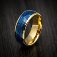 Yellow Gold Tungsten Men's Ring with Blue Wire Inlay