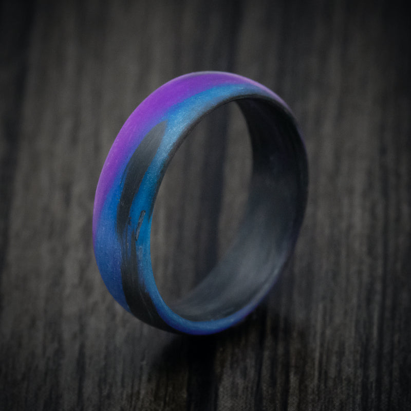 Carbon Fiber Men's Ring with Purple and Blue Glow Marbled Design