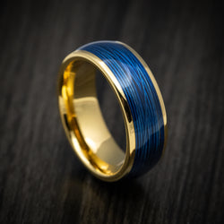 Yellow Gold Tungsten Men's Ring with Blue Wire Inlay