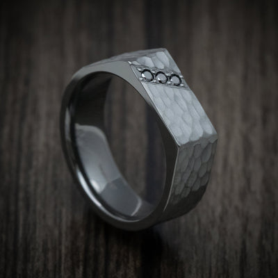 Black Titanium or Black Zirconium Custom Men's Signet Ring with Black Diamonds and a Hammer Finish