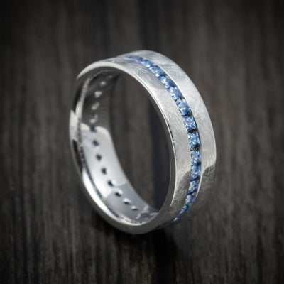 White Gold and Denim Sapphire Eternity Men's Ring Custom Made
