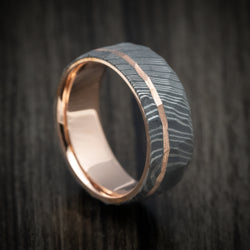 Damascus Steel 14K Gold Sleeve and Inlay Men's Ring with Rock Hammer Finish