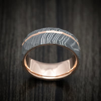 Damascus Steel 14K Gold Sleeve and Inlay Men's Ring with Rock Hammer Finish