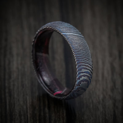 Kuro-Ti Heat-Treated Titanium Damascus and DiamondCast Sleeve Men's Ring Custom Made