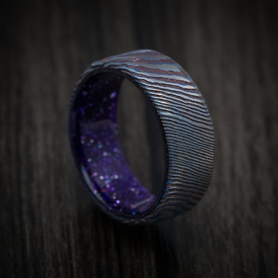 Kuro-Ti Heat-Treated Titanium Damascus and DiamondCast Sleeve Men's Ring Custom Made