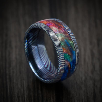 Kuro-Ti Heat-Treated Titanium Damascus and DiamondCast Inlay Men's Ring Custom Made