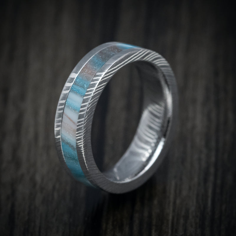 Damascus Steel and DiamondCast Inlay Men's Ring Custom Made
