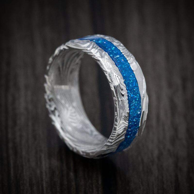 Sunset Kuro Damascus Steel and DiamondCast Inlay Men's Ring Custom Made