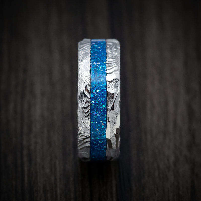 Sunset Kuro Damascus Steel and DiamondCast Inlay Men's Ring Custom Made
