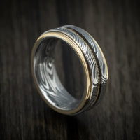 Sunset Kuro Damascus Steel and Guitar String Men's Ring with Gold Edges Custom Made