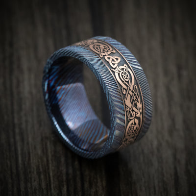 Kuro-Ti Heat-Treated Titanium Damascus and Gold Celtic Dragon Custom Men's Ring