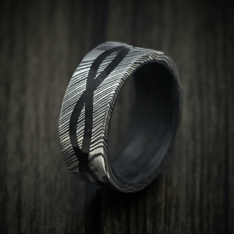 Kuro Damascus Steel Men's Ring with Infinity Dinosaur Bone Inlay and Forged Carbon Fiber Sleeve