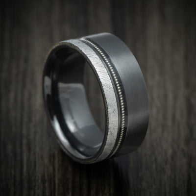 Black Zirconium Guitar String Men's Ring with Gibeon Meteorite Inlay Custom Made Band