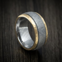 14K Gold and Gibeon Meteorite Men's Ring with Damascus Steel Sleeve and Cerakote Grooves