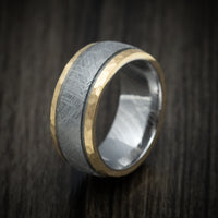 14K Gold and Gibeon Meteorite Men's Ring with Damascus Steel Sleeve and Cerakote Grooves