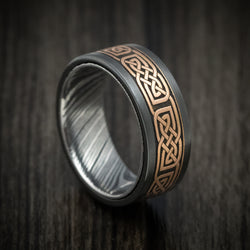 Black Zirconium and Kuro Damascus Steel 14K Gold Celtic Knot Pattern Inlay Men's Ring