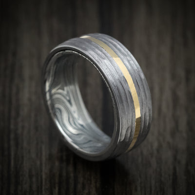 Tantalum and 14K Gold Men's Ring with Marble Kuro Damascus Steel Sleeve Custom Band