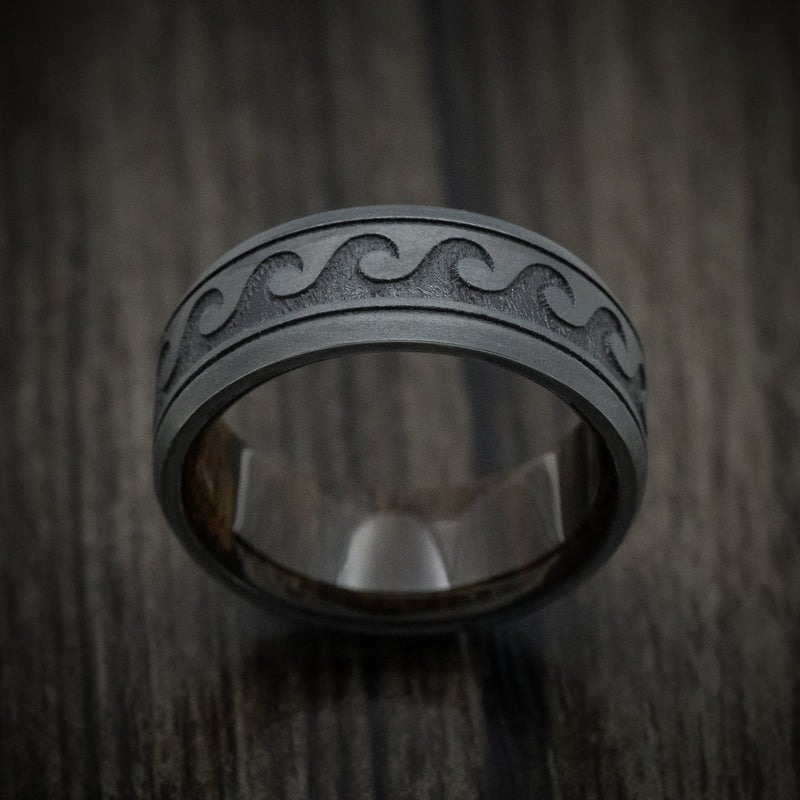 Black Titanium Wave Men's Ring with Wood Sleeve Custom Made Band