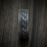 Black Zirconium Wave Men's Ring with Wood Sleeve Custom Made Band