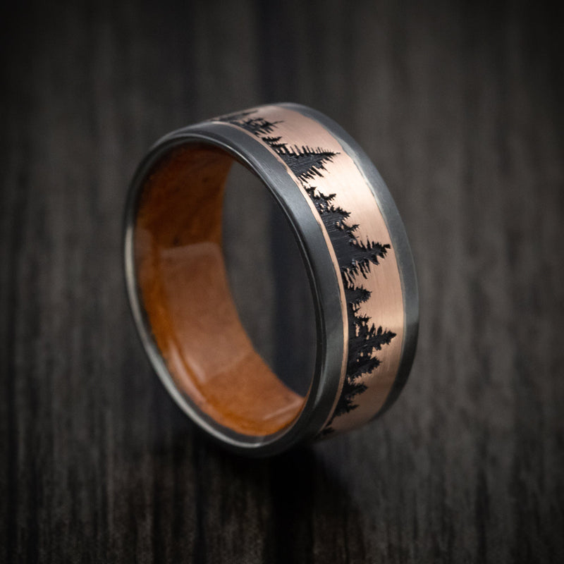 Black Titanium and Gold Spruce Pine Tree Design Men's Ring with Wood Sleeve