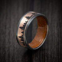 Black Titanium and Gold Spruce Pine Tree Design Men's Ring with Wood Sleeve