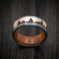 Black Zirconium and Gold Spruce Pine Tree Design Men's Ring with Wood Sleeve