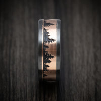 Black Zirconium and Gold Spruce Pine Tree Design Men's Ring with Wood Sleeve