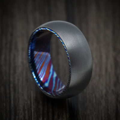 Black Zirconium and Kuro-Ti Heat-Treated Titanium Damascus Men's Ring Custom Made Band
