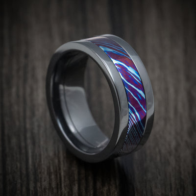 Kuro-Ti Heat-Treated Titanium Damascus Black Zirconium Men's Ring Custom Made Band