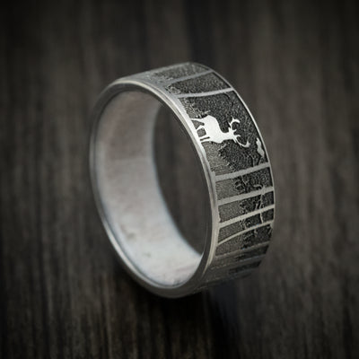 Titanium and Antler Men's Ring with Elk Mountain Woods Engraving Custom Made