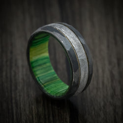 Black Zirconium and Meteorite Men's Ring with Cerakote Accent and Wood Sleeve