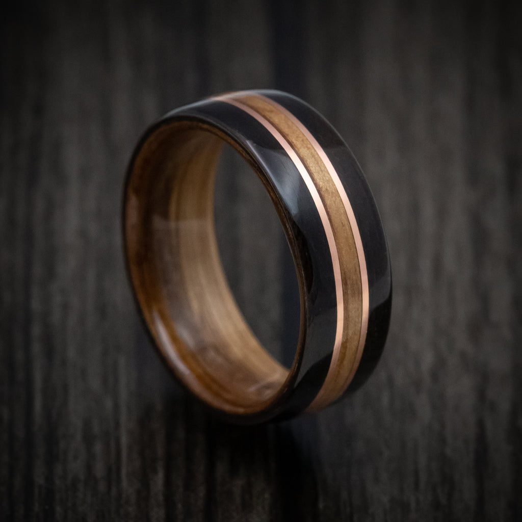 Real Whisky Barrel Solid Wood Ring Wood Rings for Men, Anniversary Wooden Copper Engagement Rings