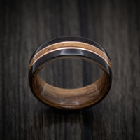 Ebony Wood ring with Whiskey Barrel Wood Inlay/Sleeve and Double Copper Inlays