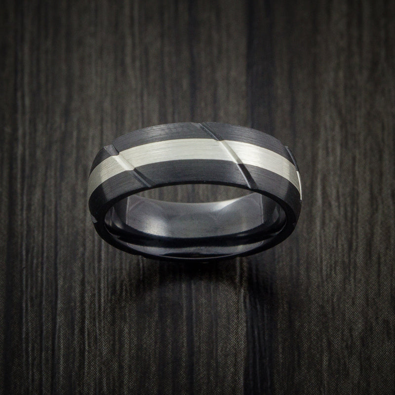 Black Titanium Textured Ring with Silver Inlay Wedding Band Any Size and Finish Alternative Look