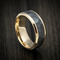 14K Gold Men's Ring with Black Titanium Rock Finish Inlay Custom Made