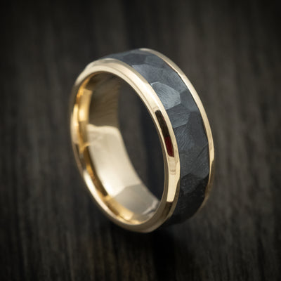 Yellow Gold Men's Ring with Black Zirconium Rock Finish Inlay Custom Made