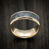 14K Gold Men's Ring with Black Titanium Rock Finish Inlay Custom Made