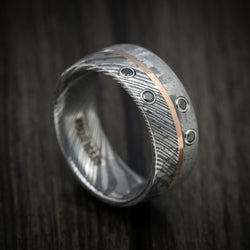 Kuro Damascus Steel Meteorite Men's Ring with Gold and Black Diamonds Custom Made Band