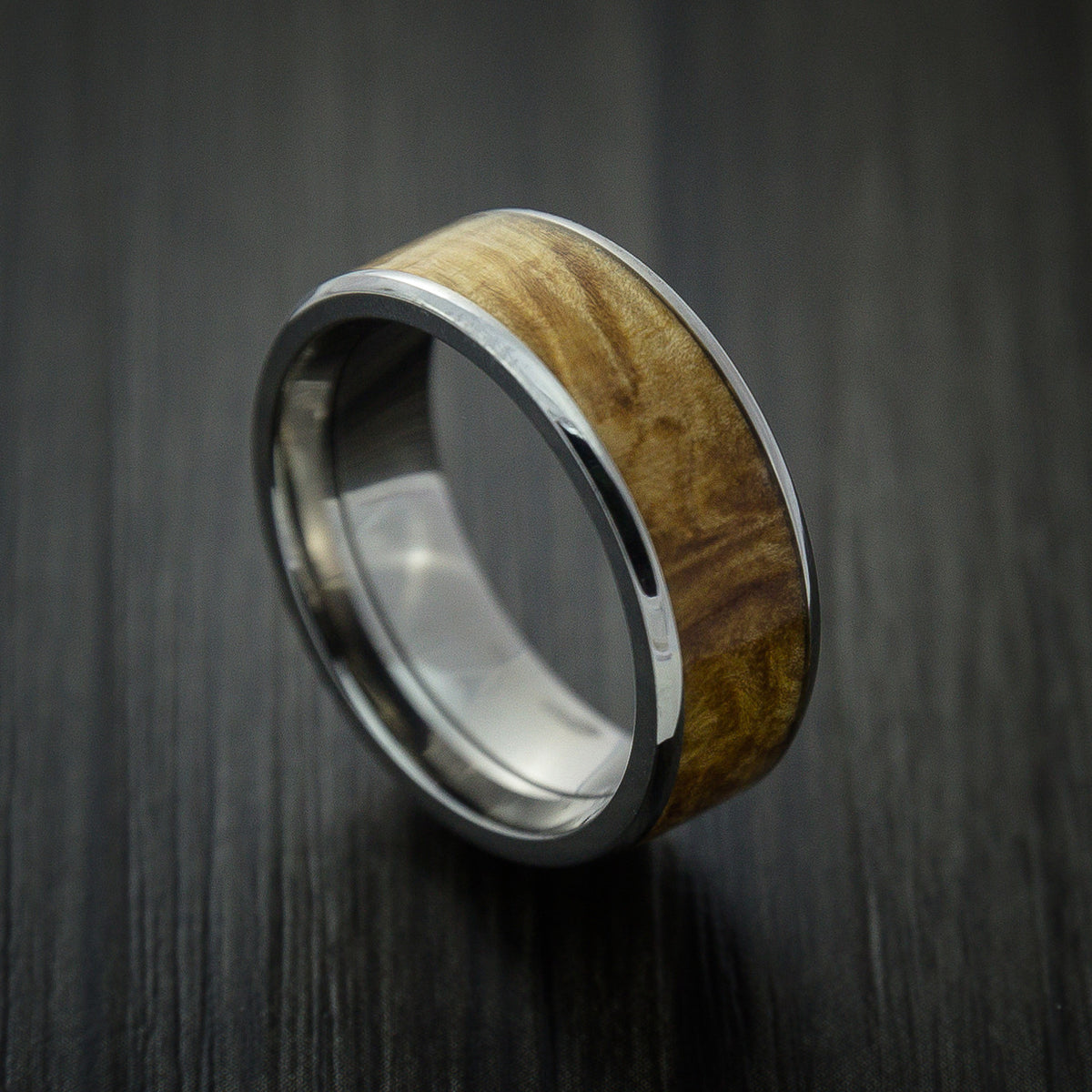 Wood Men's Ring and Titanium Men's Ring inlaid with MAPLE BURL WOOD Cu ...