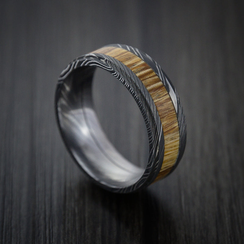 Wood Ring and DAMASCUS Ring inlaid with Teak Hardwood Custom Made