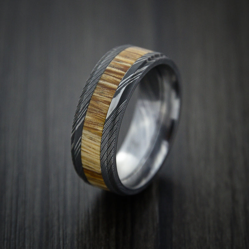 Wood Ring and DAMASCUS Ring inlaid with Teak Hardwood Custom Made